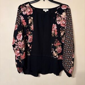 Umgee Floral Blouse with Black and Pink Accents